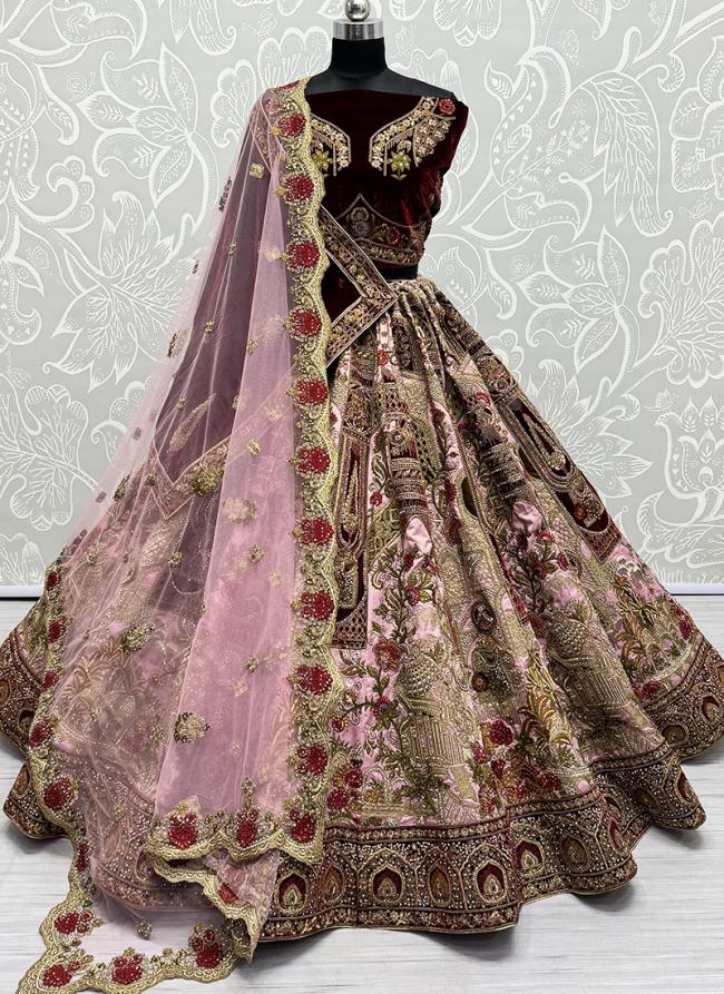 Velvet Pink Bridal Wear Embroidery Work Lehenga Choli